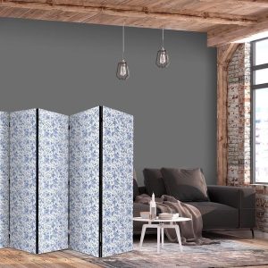 Paravent - Illustration in Vintage Style - Blue Flowers on a White Background