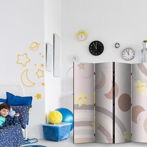 Paravent - Joyful Sky - Yellow Cheerful Stars with a Rainbow Against the Phases of the Moon - in the Sky Colored Light Beige