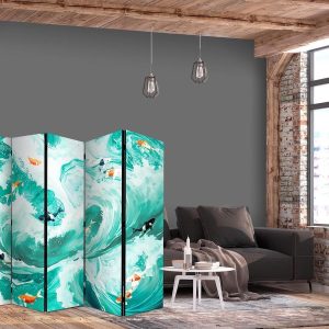 Paravent - Koi Fish Among Waves - Japanese Fish Amid Waves in Shades of Turquoise And White