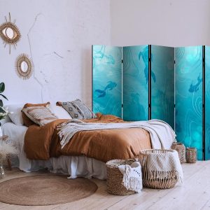 Paravent - Koi Fish Beneath the Water Surface - A Cluster of Japanese Fish in the Depths of the Pond in Shades of Navy and Blue