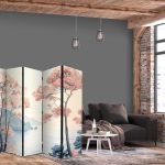 Paravent - Landscape with the Ocean - Cliffs - and Trees in Delicate Pink Shades