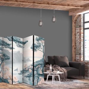 Paravent - Mountainous Coast with Trees and Rocks - in Light Pastel Blues