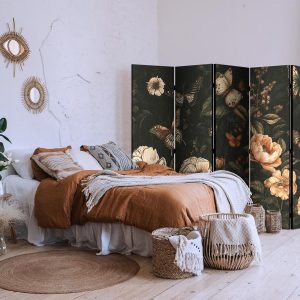 Paravent - Mysterious Garden - Butterflies Flying Over Flowers - Rustic Evening