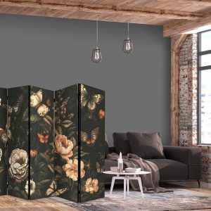Paravent - Mysterious Garden - Butterflies Flying Over Flowers - Rustic Evening