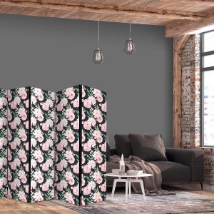 Paravent - Peonies - Pink Flowers and Green Leaves on a Graphite Background