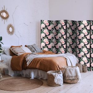 Paravent - Peonies - Pink Flowers and Green Leaves on a Graphite Background