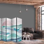 Paravent - Picturesque Landscape With Fish - Sunset And Koi Fish in Shades of Turquoise And Blue Floating Above The Water