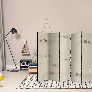 Paravent - Race - Colorful Cars on a Road on a Beige Background with Stars