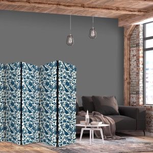 Paravent - Rose Vines - Monochromatic Blue Birds Resting Among Roses