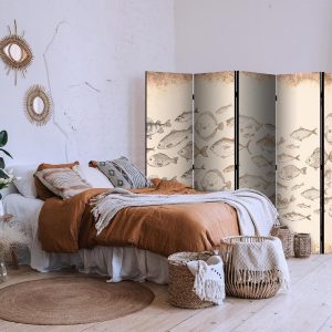 Paravent - Sketch of a Fish School - Sketches of Various Fish Species Swimming in a School on a Beige Background in Vintage Style