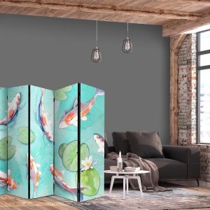 Paravent - Spectacular Koi Fish - White-Orange Koi Fish Swimming in Crystal Clear Water With Water Lilies