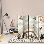 Paravent - Sun Above the Rainbow - Birds in Subdued Colors Flying Among Clouds Above a Rainbow and Vegetation on a Light Beige Background