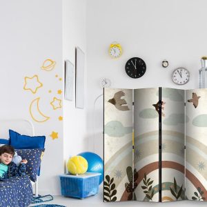 Paravent - Sun Above the Rainbow - Birds in Subdued Colors Flying Among Clouds Above a Rainbow and Vegetation on a Light Beige Background