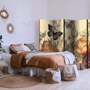 Paravent - Tulips in Cream - Illustration of Flowers and Butterflies on a Light Background
