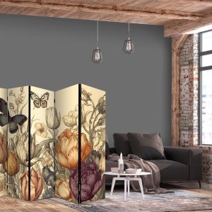 Paravent - Tulips in Cream - Illustration of Flowers and Butterflies on a Light Background