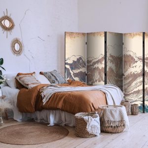 Paravent - Turbulent Ocean - High Waves in Brown And Navy Colors on a Beige Background in Vintage Style