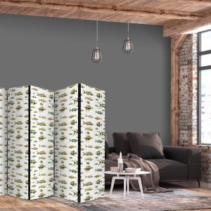 Paravent - Unusual Species of Fish - a Cluster of Fish in Muted Colors in Retro Style Against a Background of Beige Streaks