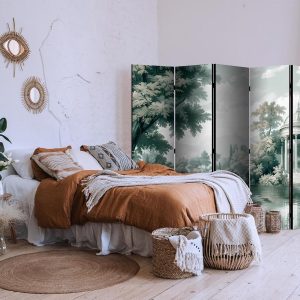 Paravent - View of the Park and Lake - Retro Vintage Landscape in Greens