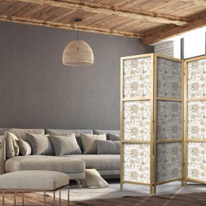 Paravent japonais - Beige Shades of Nature - Flowers and Butterflies on a White Background - Illustration