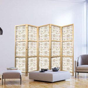 Paravent japonais - Beige Shades of Nature - Flowers and Butterflies on a White Background - Illustration