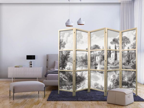 Paravent japonais - Black and White Vintage Landscape - Retro View of a Pond with a Boat