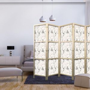 Paravent japonais - Botanical Illustration - Drawing of Flowers and Herbs - Beige Grays