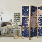 Paravent japonais - Cosmic Harmony - Illustration of the Sun and Moon on a Navy Background