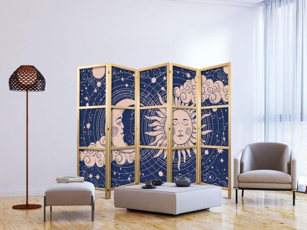 Paravent japonais - Cosmic Harmony - Illustration of the Sun and Moon on a Navy Background
