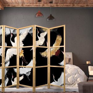 Paravent japonais - Cranes at Night - Golden-White Birds Flying Away on a Black Background