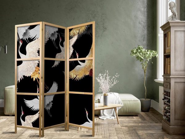 Paravent japonais - Cranes at Night - White and Gold Birds Flying Away on a Black Background