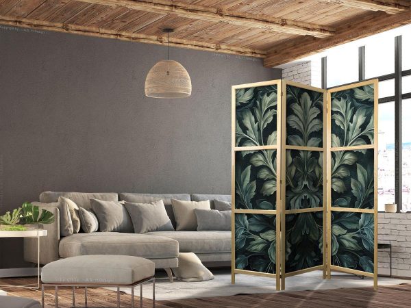 Paravent japonais - Dark Green Victorian Leaves - Botanical Carved Composition