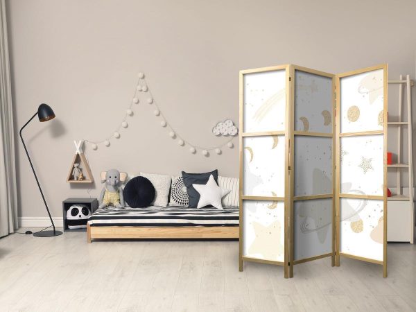 Paravent japonais - Fairy-Tale Galaxy - Moon Phases in Shades of Yellow Among Stars in Beige and Ash Colors with Stardust