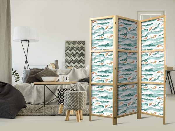 Paravent japonais - Fish Jumping Over Waves - Oriental Fish and Water Lilies Among High Waves in Shades of Sea Green
