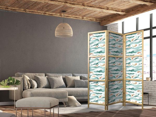 Paravent japonais - Fish Jumping Over Waves - Oriental Fish and Water Lilies Among High Waves in Shades of Sea Green