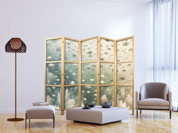 Paravent japonais - Fish and Diverse Vegetation - Grouping of Fish in Pastel Subdued Colors Among Oceanic Vegetation