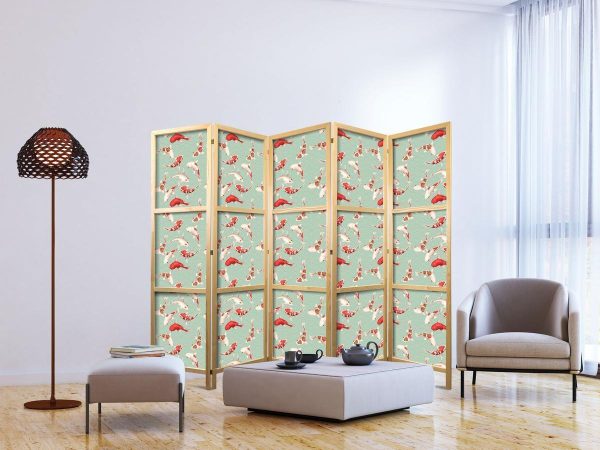Paravent japonais - Fish and Japanese Pattern - Koi Fish in Orange-Cream Colors on a Green-Mint Background with an Oriental Pattern