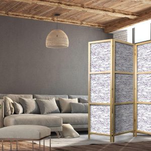 Paravent japonais - Fish in Muted Colors - Shoal of Small Fish in Light Violet and Delicate Pink on a Background of Gray Waves