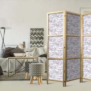 Paravent japonais - Fish in Muted Colors - Shoal of Small Fish in Light Violet and Delicate Pink on a Background of Gray Waves