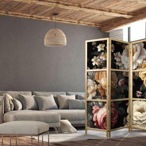 Paravent japonais - Floristry in Vintage Style - Huge Colorful Flowers on a Black Background