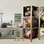 Paravent japonais - Floristry in Vintage Style - Huge Colorful Flowers on a Black Background