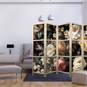 Paravent japonais - Floristry in Vintage Style - Huge Colorful Flowers on a Black Background