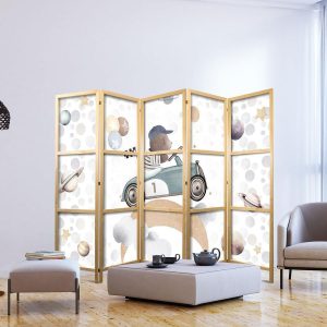 Paravent japonais - Galactic Races - Bear participating in car races among planets - clouds - and stars in pastel colors