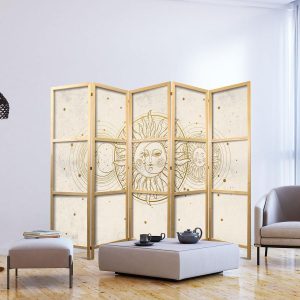 Paravent japonais - Golden Sun and Moon - Artistic Illustration in Retro Style
