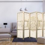 Paravent japonais - Golden Sun and Moon - Artistic Illustration in Retro Style