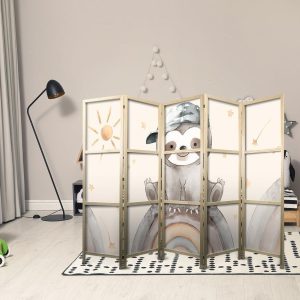 Paravent japonais - Happy Sloth - Sloth in muted colors - wearing a cap - sitting on a rainbow among the stars