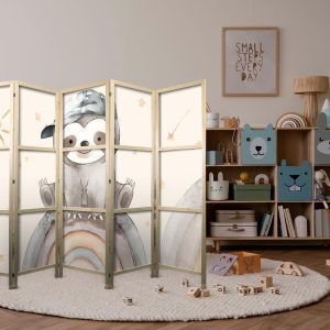 Paravent japonais - Happy Sloth - Sloth in muted colors - wearing a cap - sitting on a rainbow among the stars