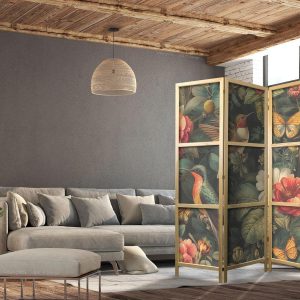 Paravent japonais - In the Botanical Garden - Flowers Birds and Butterflies - Colorful Illustration