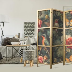 Paravent japonais - In the Botanical Garden - Flowers Birds and Butterflies - Colorful Illustration