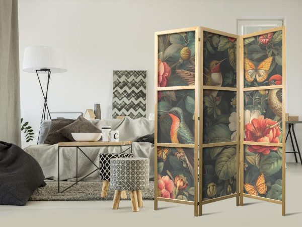 Paravent japonais - In the Botanical Garden - Flowers Birds and Butterflies - Colorful Illustration