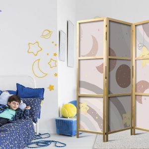 Paravent japonais - Joyful Sky - Yellow cheerful stars with a rainbow against the moon phases - in the sky colored light beige